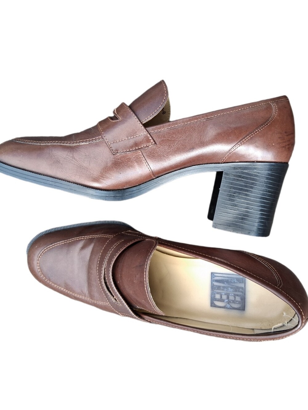 ​VTG 90s MB Blues "Sophia" Brown Leather Chunky Block Heel Penny Loafers 8.5M
​